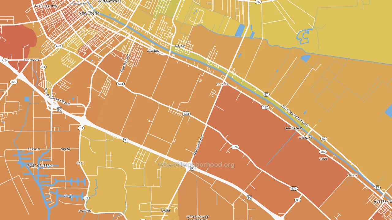 Map of the best neighborhoods in the Olivier area, with better matches in green and worse matches in red