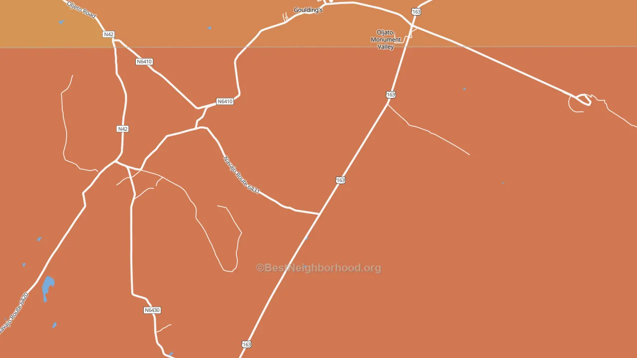 Map of the best neighborhoods in the Oljato-Monument Valley area, with better matches in green and worse matches in red