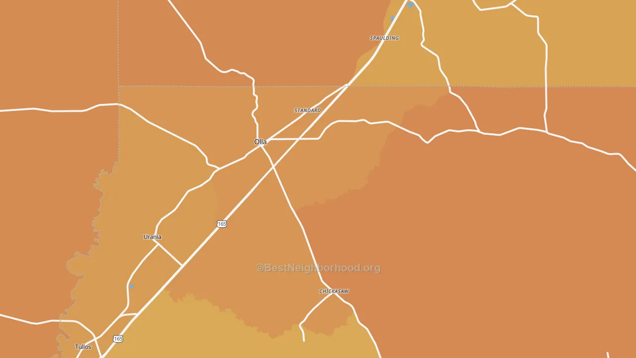 Map of the best neighborhoods in the Olla area, with better matches in green and worse matches in red