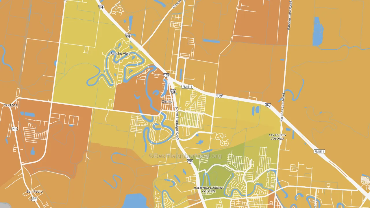 Map of the best neighborhoods in the Olmito area, with better matches in green and worse matches in red