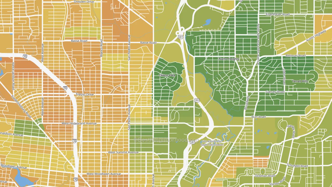 Map of the best neighborhoods in the Olmos Park area, with better matches in green and worse matches in red
