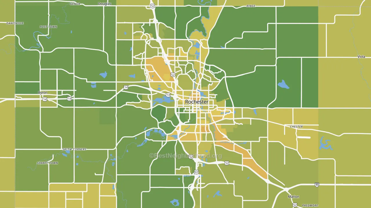 Map of the best neighborhoods in the Olmsted County area, with better matches in green and worse matches in red