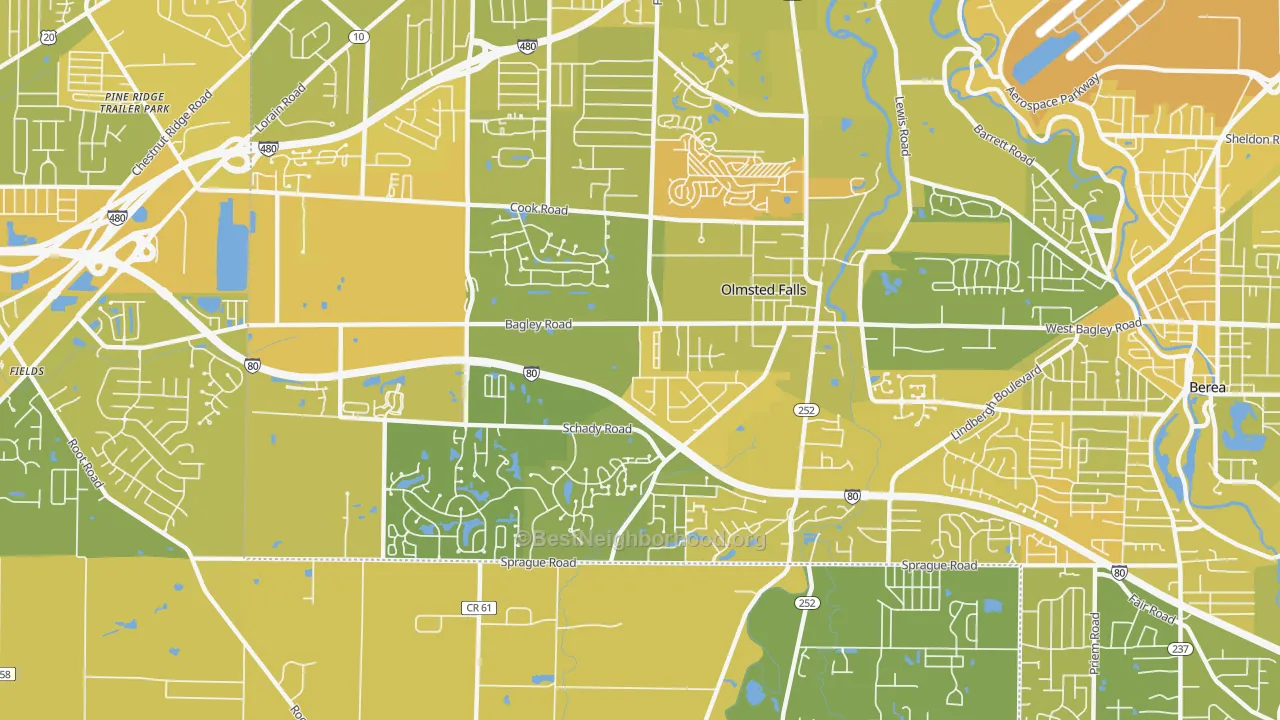 Map of the best neighborhoods in the Olmsted Falls area, with better matches in green and worse matches in red