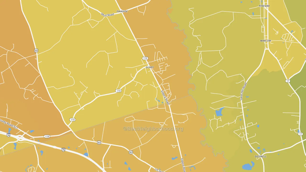 Map of the best neighborhoods in the Olney area, with better matches in green and worse matches in red