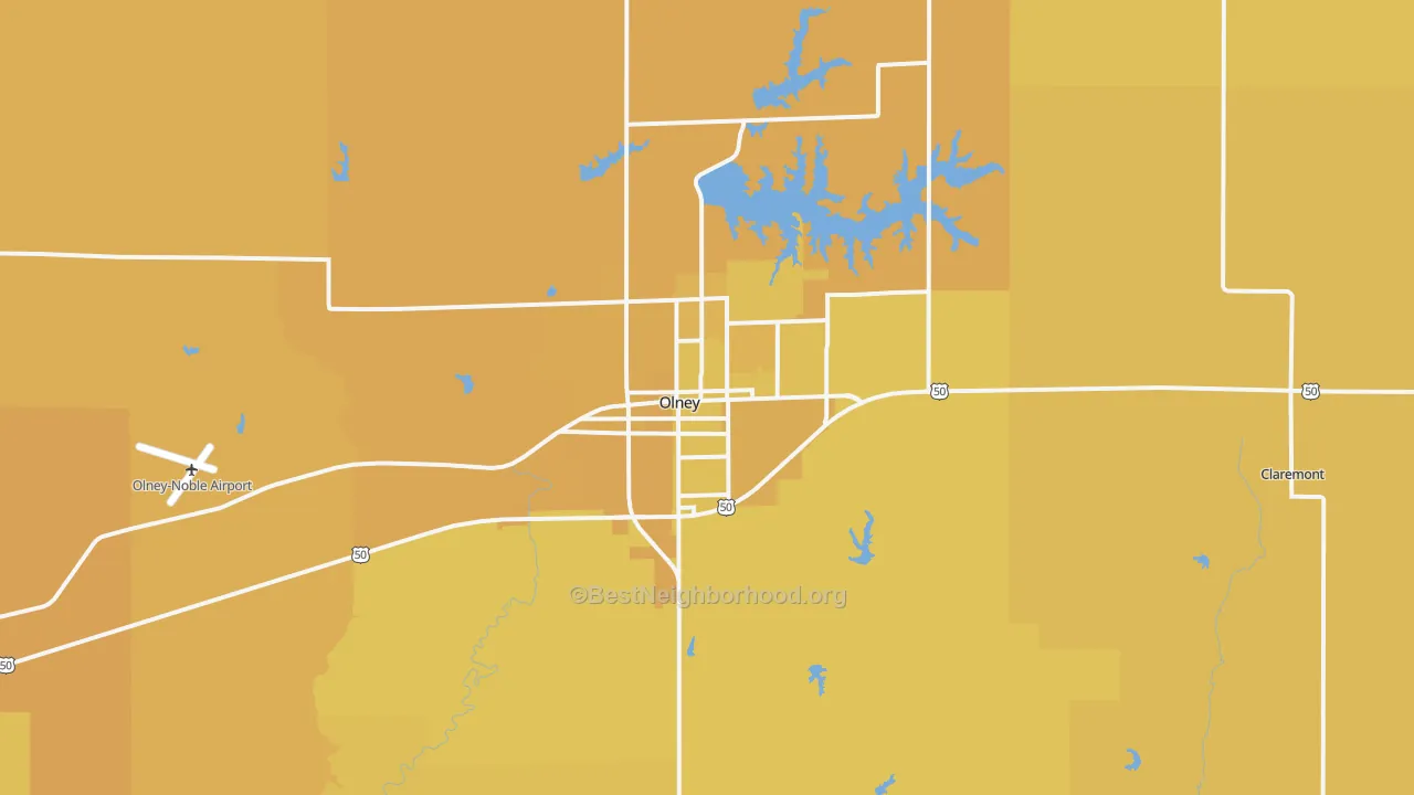 Map of the best neighborhoods in the Olney area, with better matches in green and worse matches in red