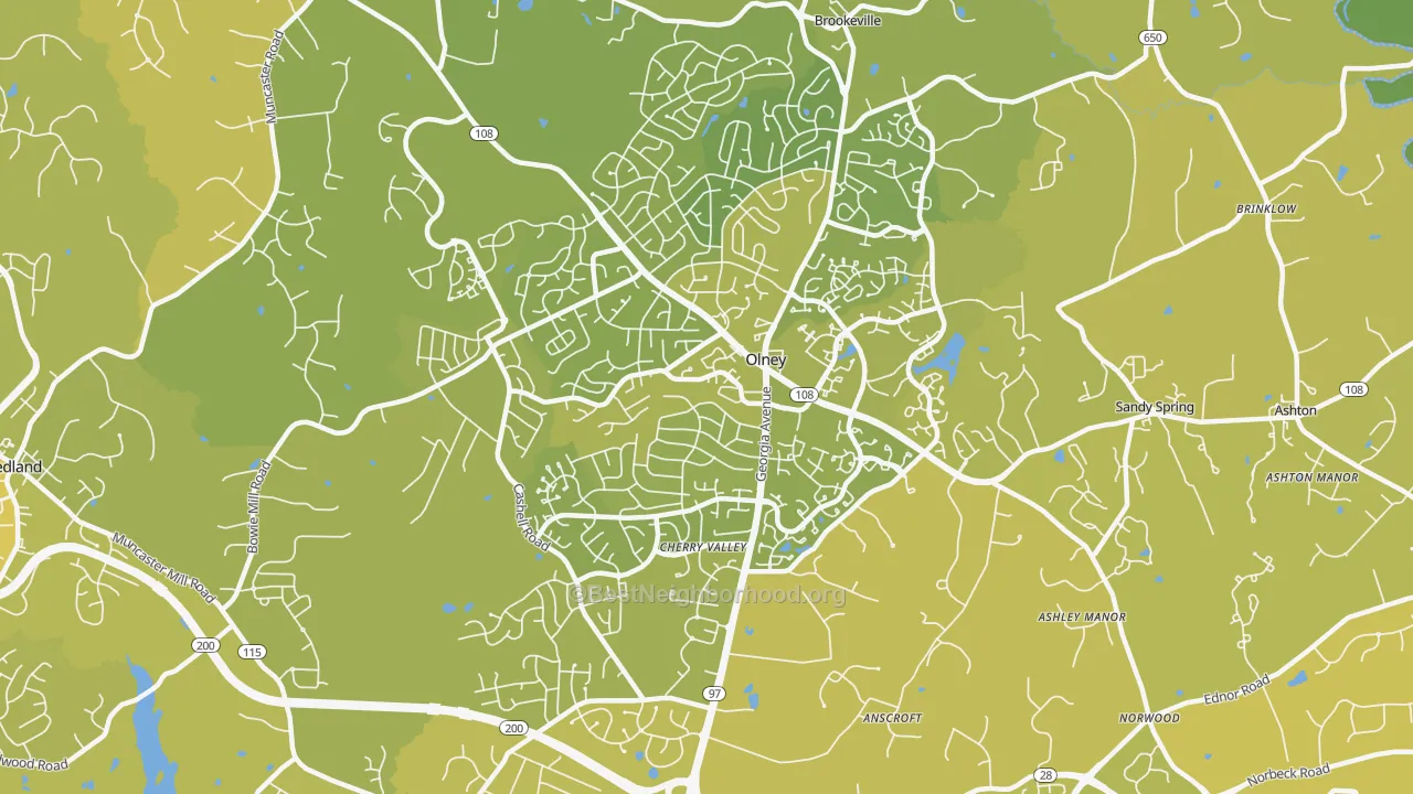 Map of the best neighborhoods in the Olney area, with better matches in green and worse matches in red