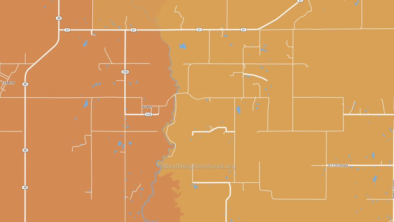 Map of the best neighborhoods in the Olney area, with better matches in green and worse matches in red