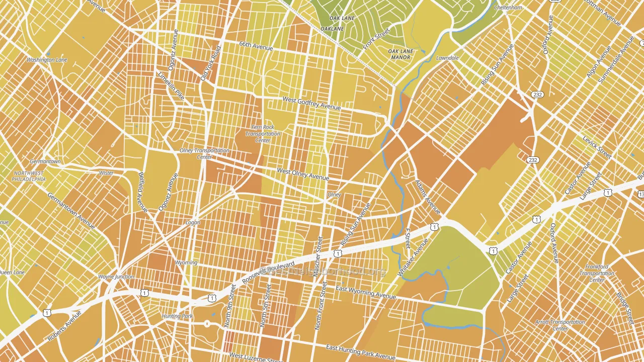 Map of the best neighborhoods in the Olney, Philadelphia area, with better matches in green and worse matches in red