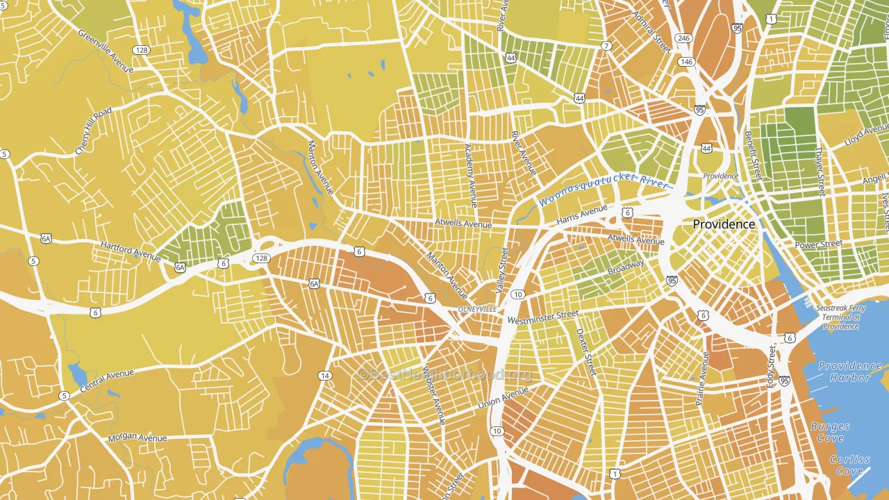 Map of the best neighborhoods in the Olneyville, Providence area, with better matches in green and worse matches in red