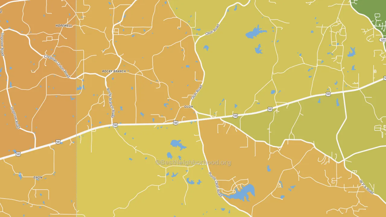Map of the best neighborhoods in the Oloh area, with better matches in green and worse matches in red