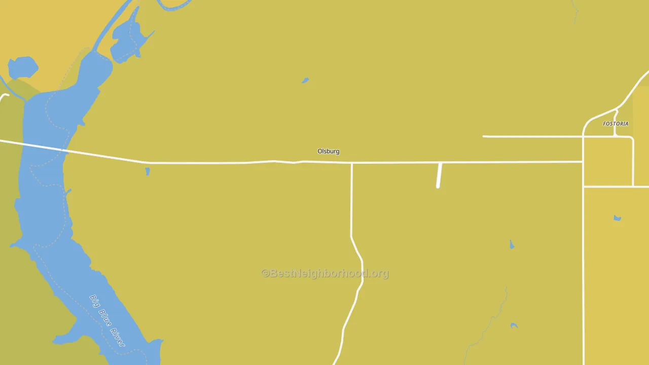 Map of the best neighborhoods in the Olsburg area, with better matches in green and worse matches in red
