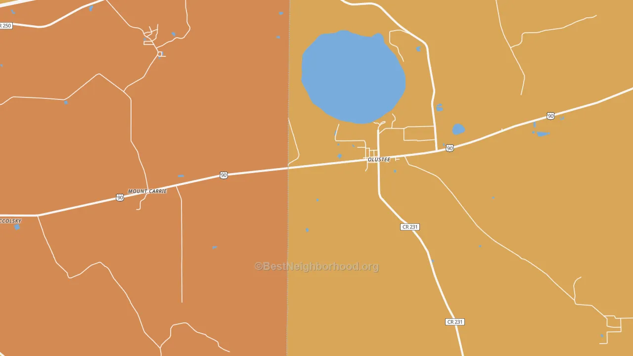 Map of the best neighborhoods in the Olustee area, with better matches in green and worse matches in red