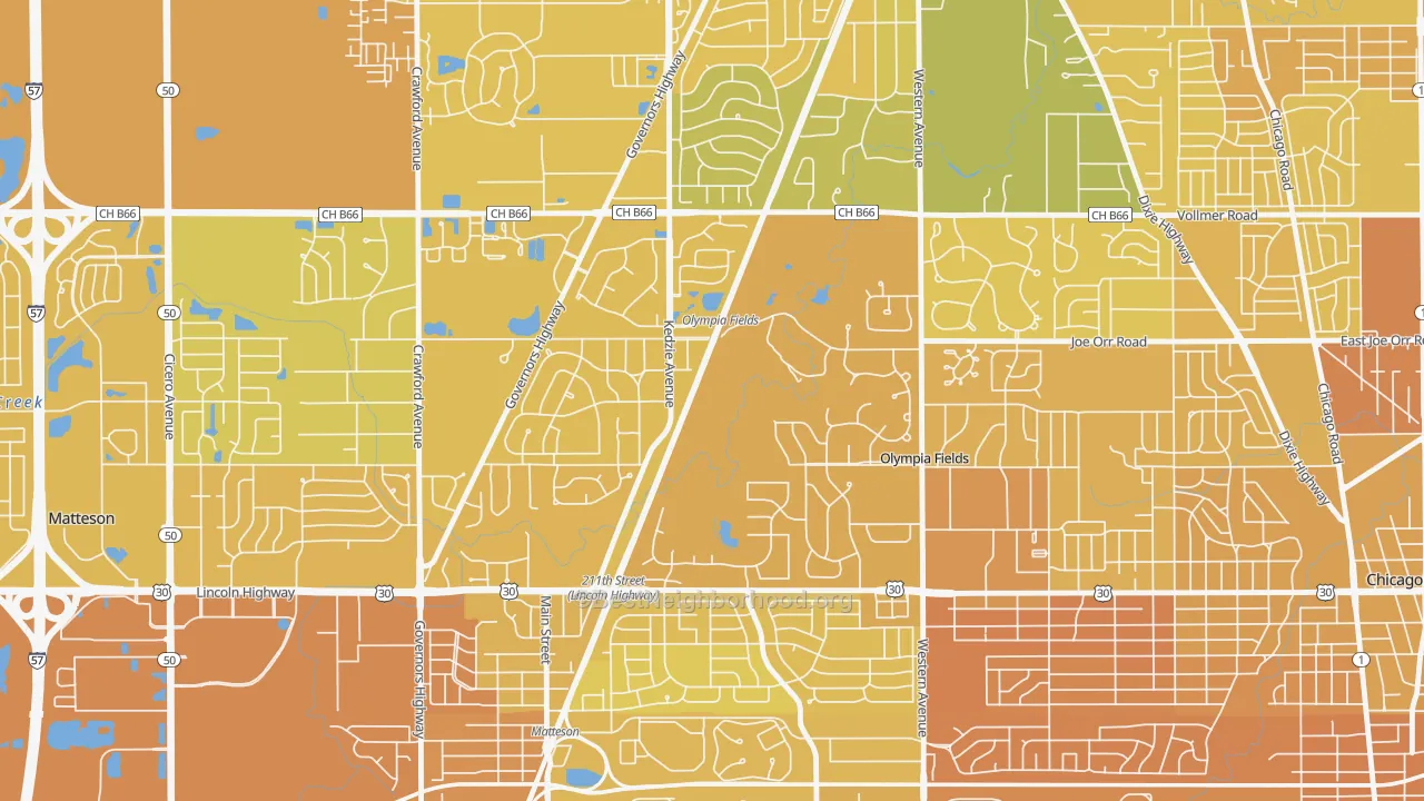 Map of the best neighborhoods in the Olympia Fields area, with better matches in green and worse matches in red