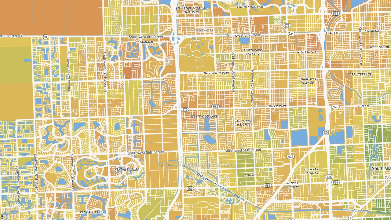 Map of the best neighborhoods in the Olympia Heights, Miami area, with better matches in green and worse matches in red