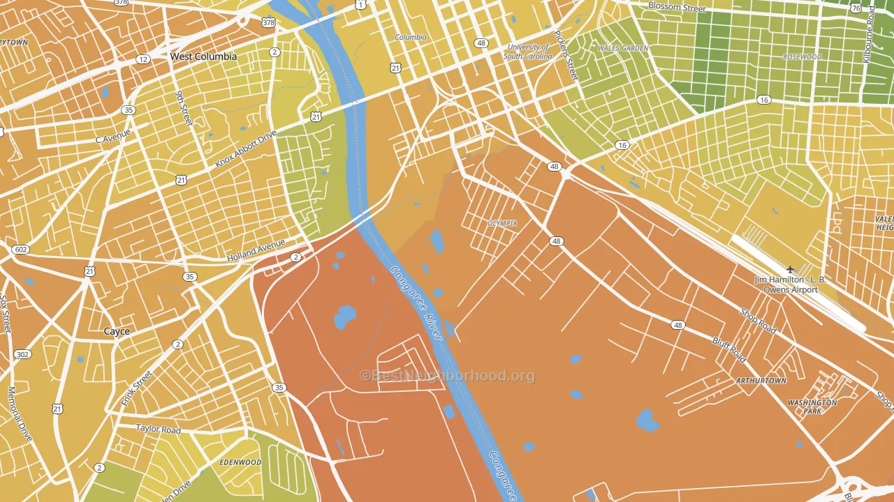 Map of the best neighborhoods in the Olympia area, with better matches in green and worse matches in red