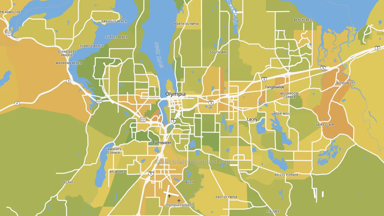 Map of the best neighborhoods in the Olympia Metro area, with better matches in green and worse matches in red