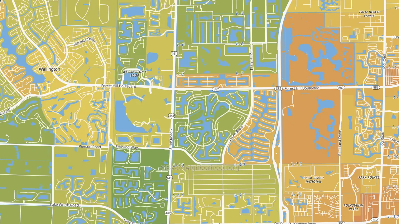 Map of the best neighborhoods in the Olympia, Wellington area, with better matches in green and worse matches in red