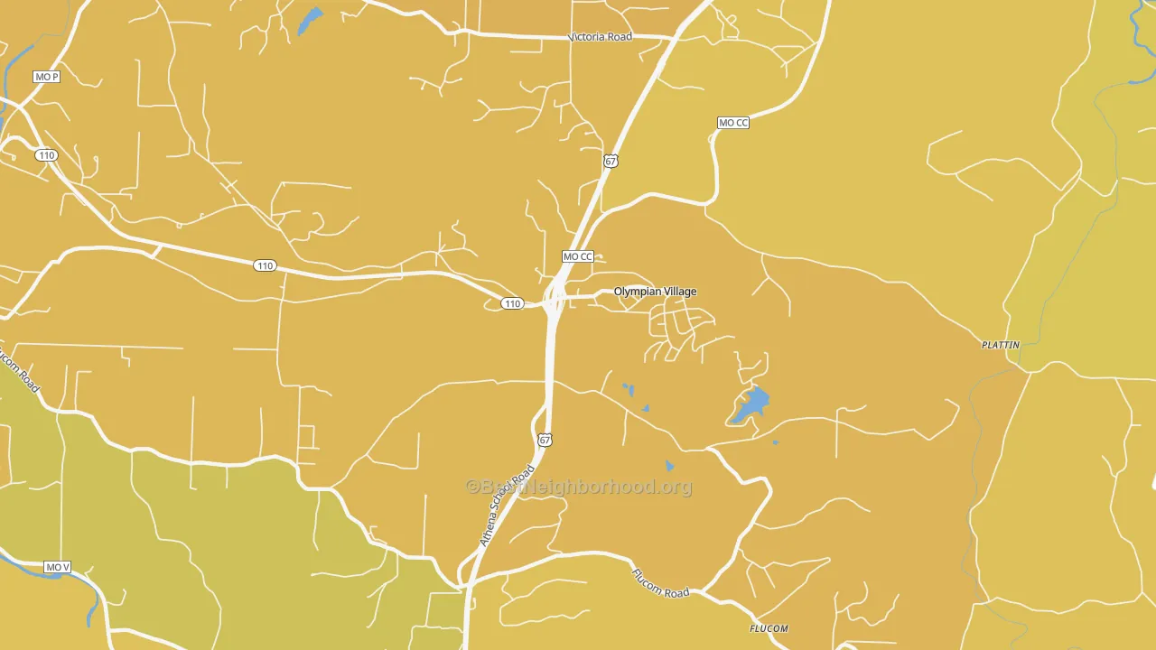 Map of the best neighborhoods in the Olympian Village area, with better matches in green and worse matches in red