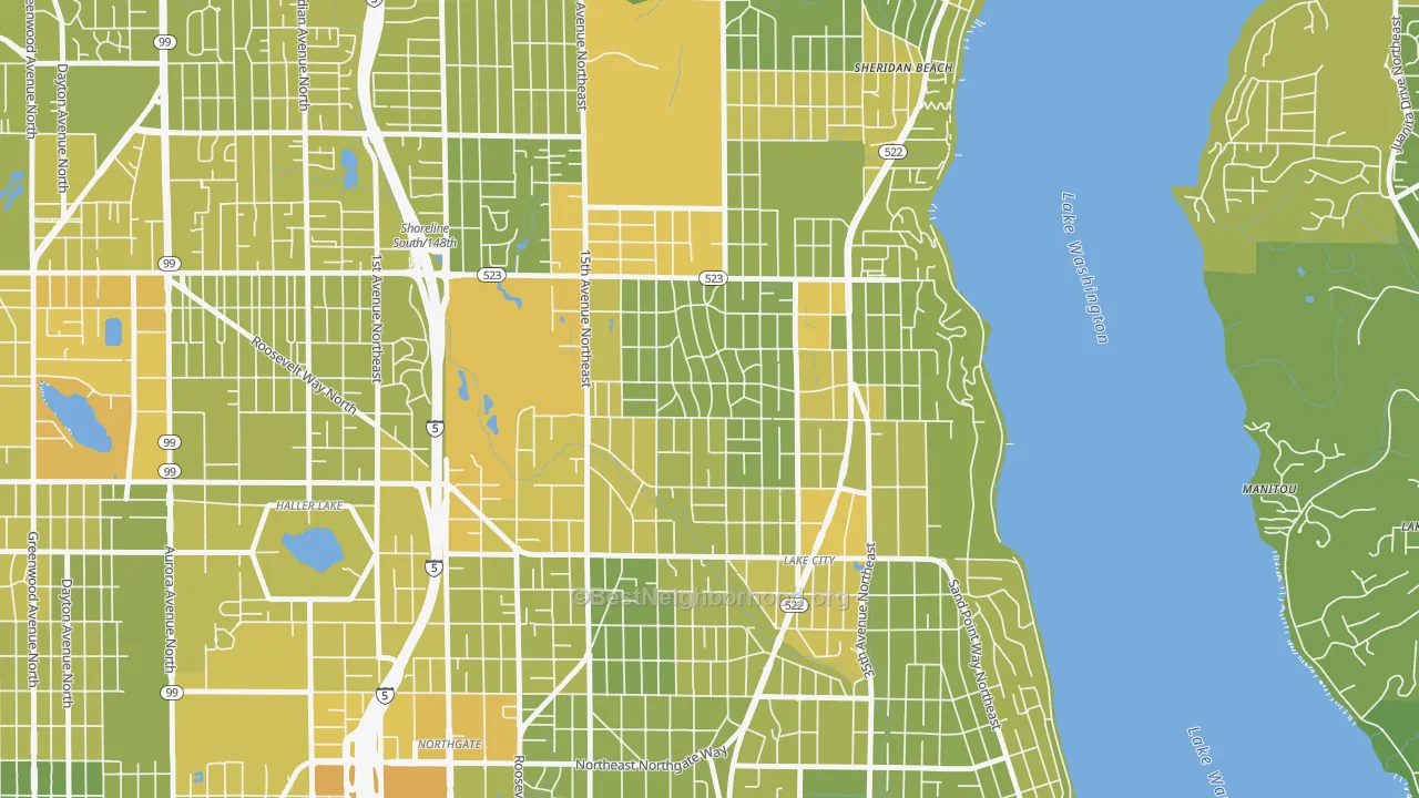 Map of the best neighborhoods in the Olympic Hills, Seattle area, with better matches in green and worse matches in red