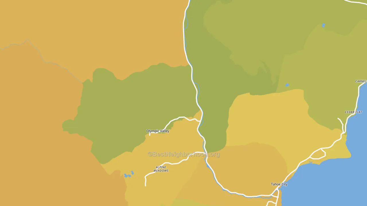 Map of the best neighborhoods in the Olympic Valley area, with better matches in green and worse matches in red