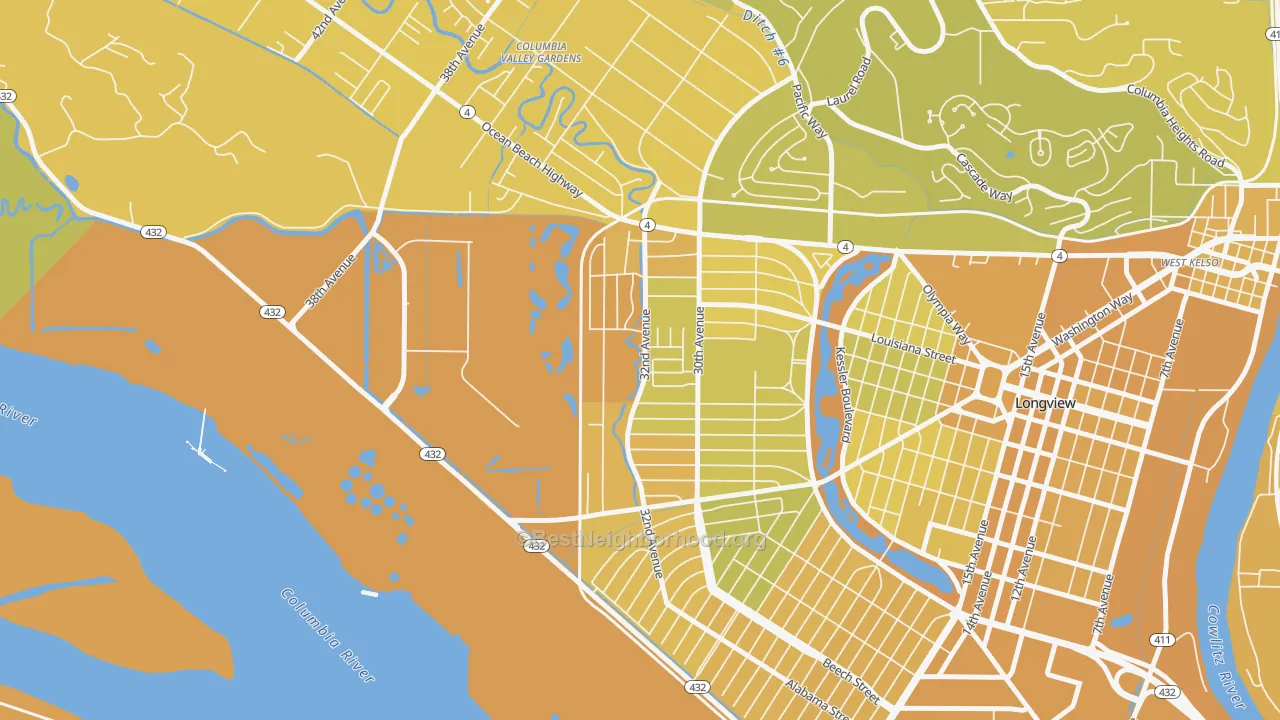Map of the best neighborhoods in the Olympic West, Longview area, with better matches in green and worse matches in red