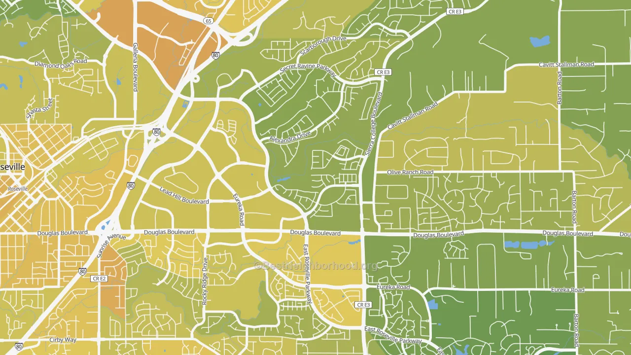 Map of the best neighborhoods in the Olympus Pointe, Roseville area, with better matches in green and worse matches in red