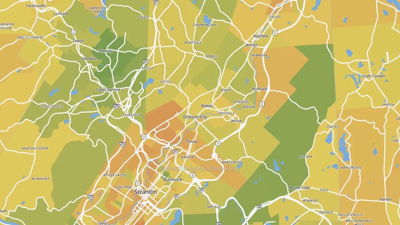 Map of the best neighborhoods in the Olyphant area, with better matches in green and worse matches in red