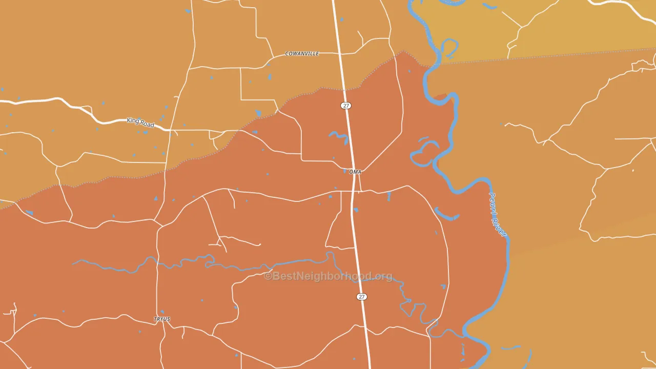Map of the best neighborhoods in the Oma area, with better matches in green and worse matches in red