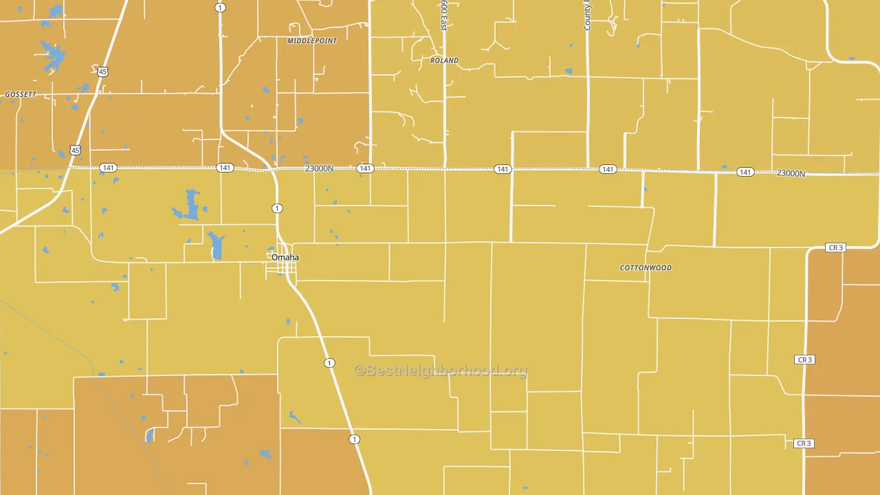 Map of the best neighborhoods in the Omaha area, with better matches in green and worse matches in red