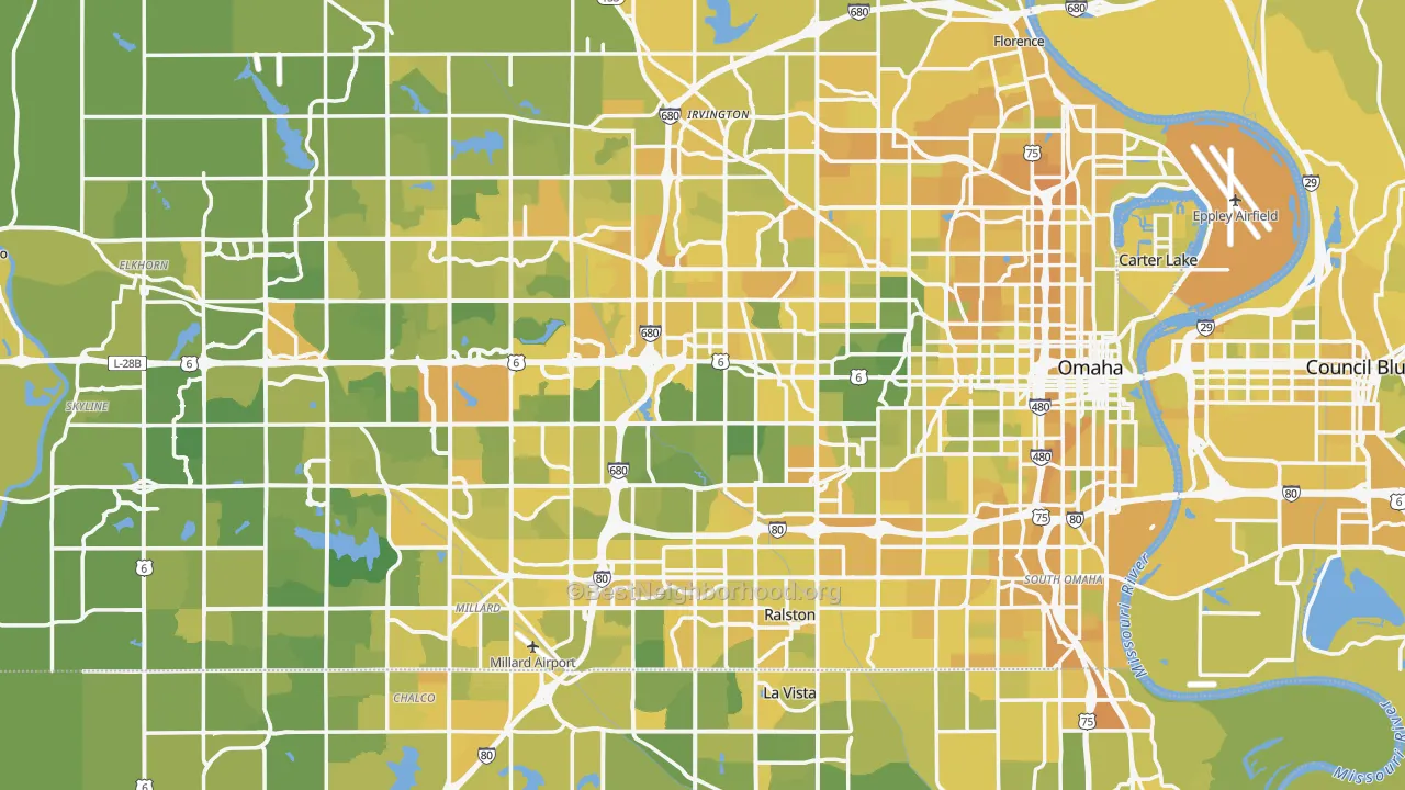 Map of the best neighborhoods in the Omaha Metro area, with better matches in green and worse matches in red