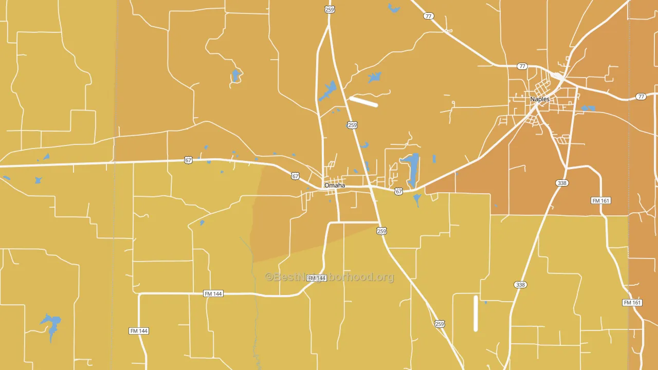 Map of the best neighborhoods in the Omaha area, with better matches in green and worse matches in red
