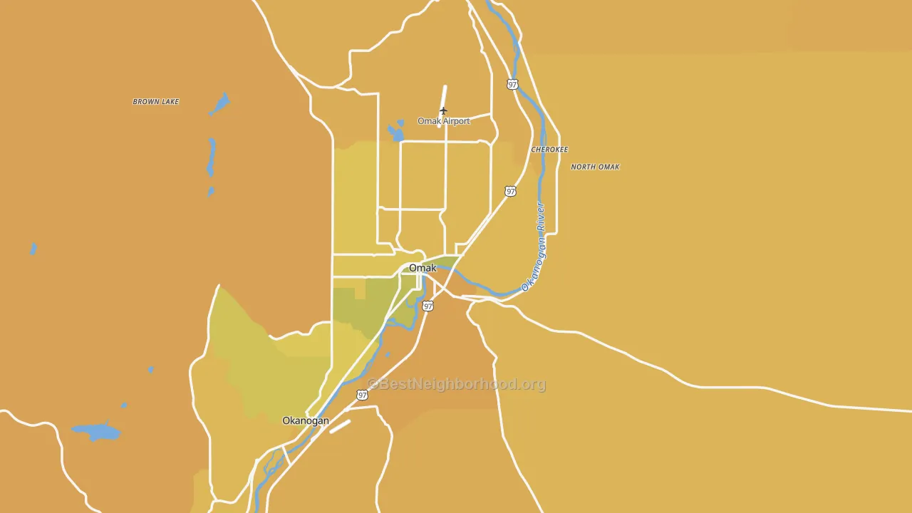 Map of the best neighborhoods in the Omak area, with better matches in green and worse matches in red