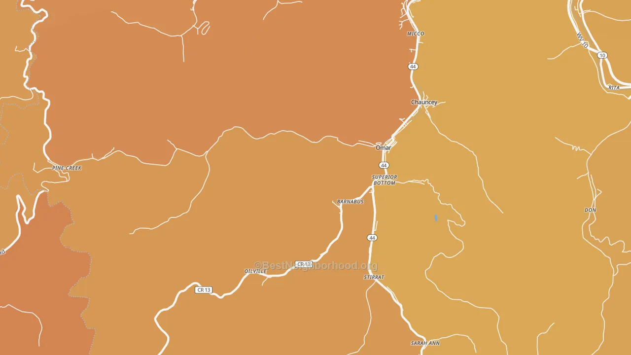 Map of the best neighborhoods in the Omar area, with better matches in green and worse matches in red