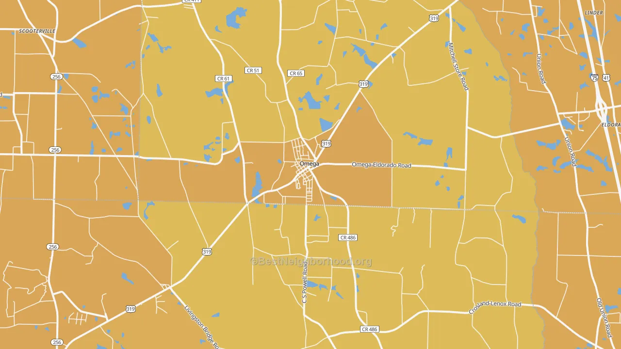 Map of the best neighborhoods in the Omega area, with better matches in green and worse matches in red