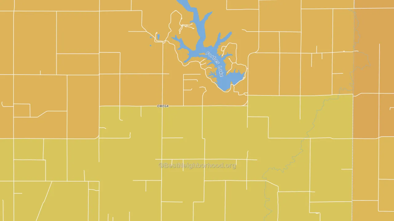 Map of the best neighborhoods in the Omega area, with better matches in green and worse matches in red