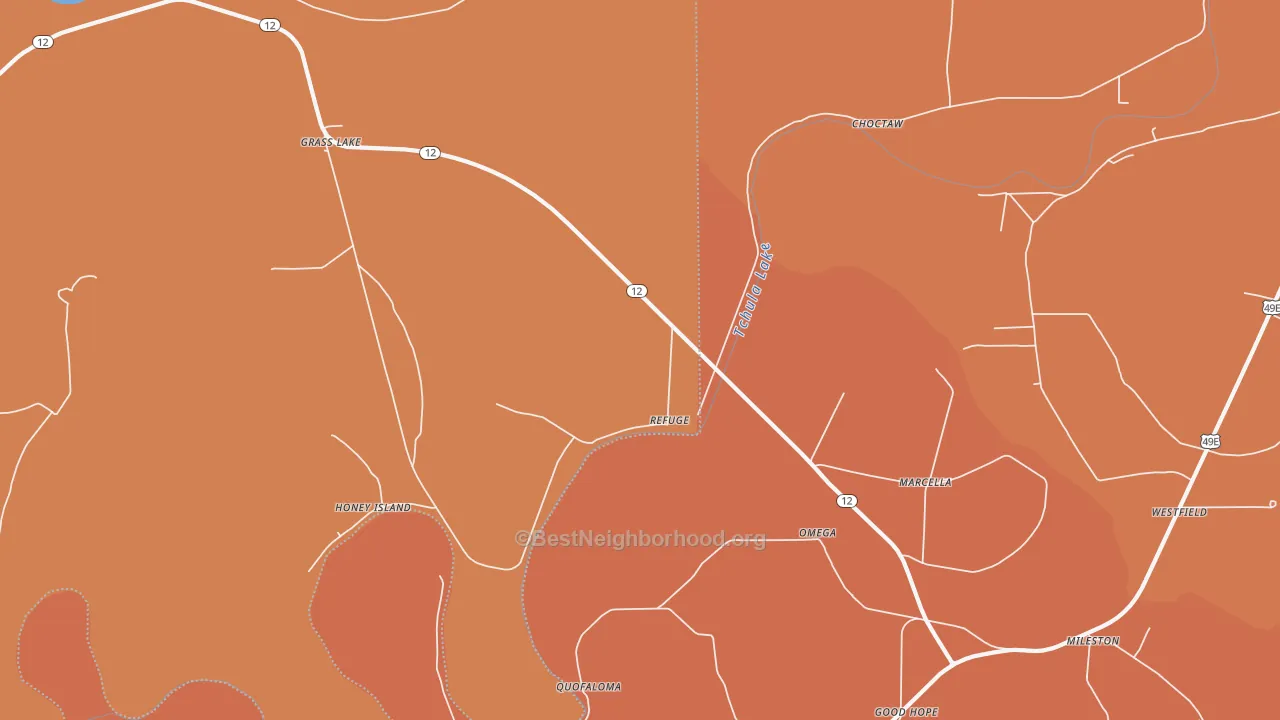 Map of the best neighborhoods in the Omega area, with better matches in green and worse matches in red
