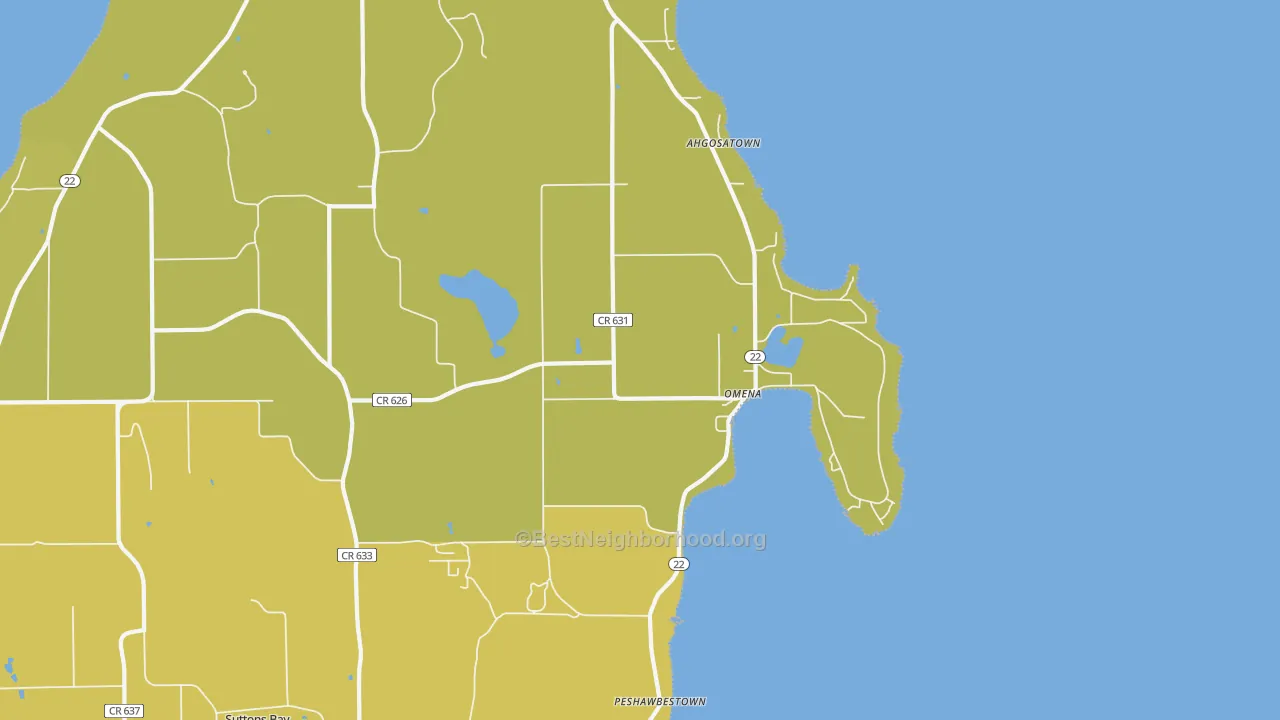 Map of the best neighborhoods in the Omena area, with better matches in green and worse matches in red