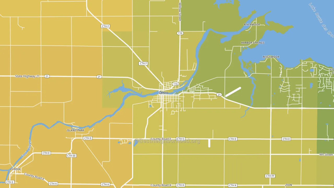 Map of the best neighborhoods in the Omro area, with better matches in green and worse matches in red