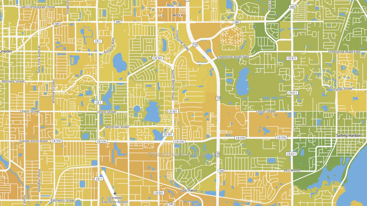 Map of the best neighborhoods in the On Top of The World, Clearwater area, with better matches in green and worse matches in red