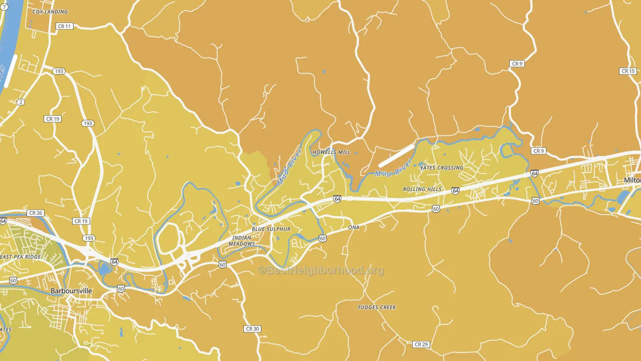 Map of the best neighborhoods in the Ona area, with better matches in green and worse matches in red