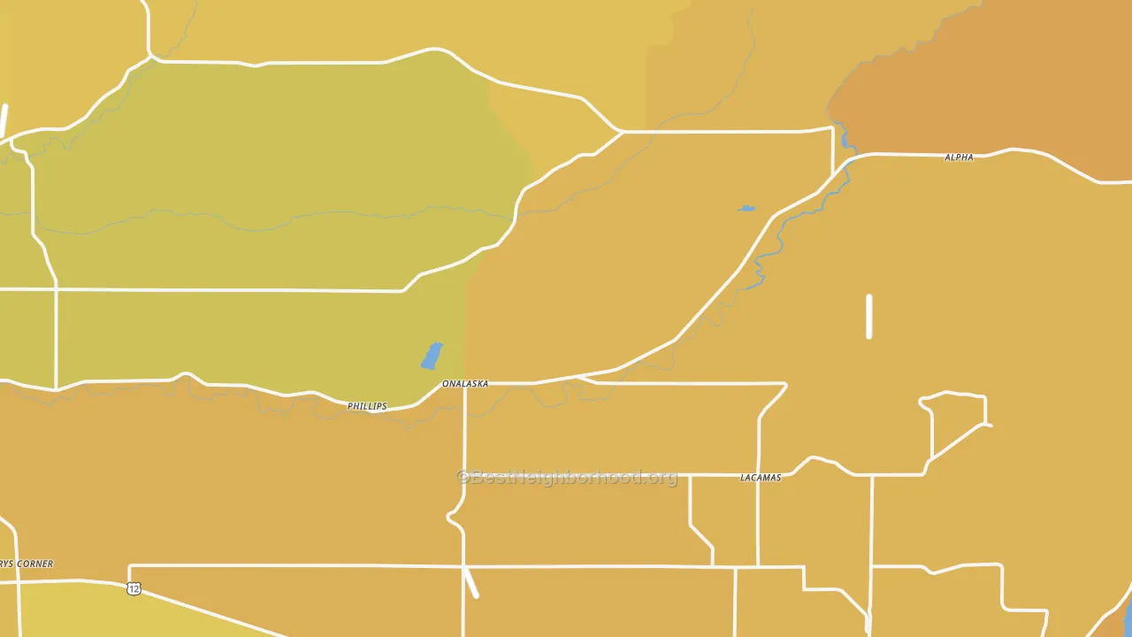 Map of the best neighborhoods in the Onalaska area, with better matches in green and worse matches in red