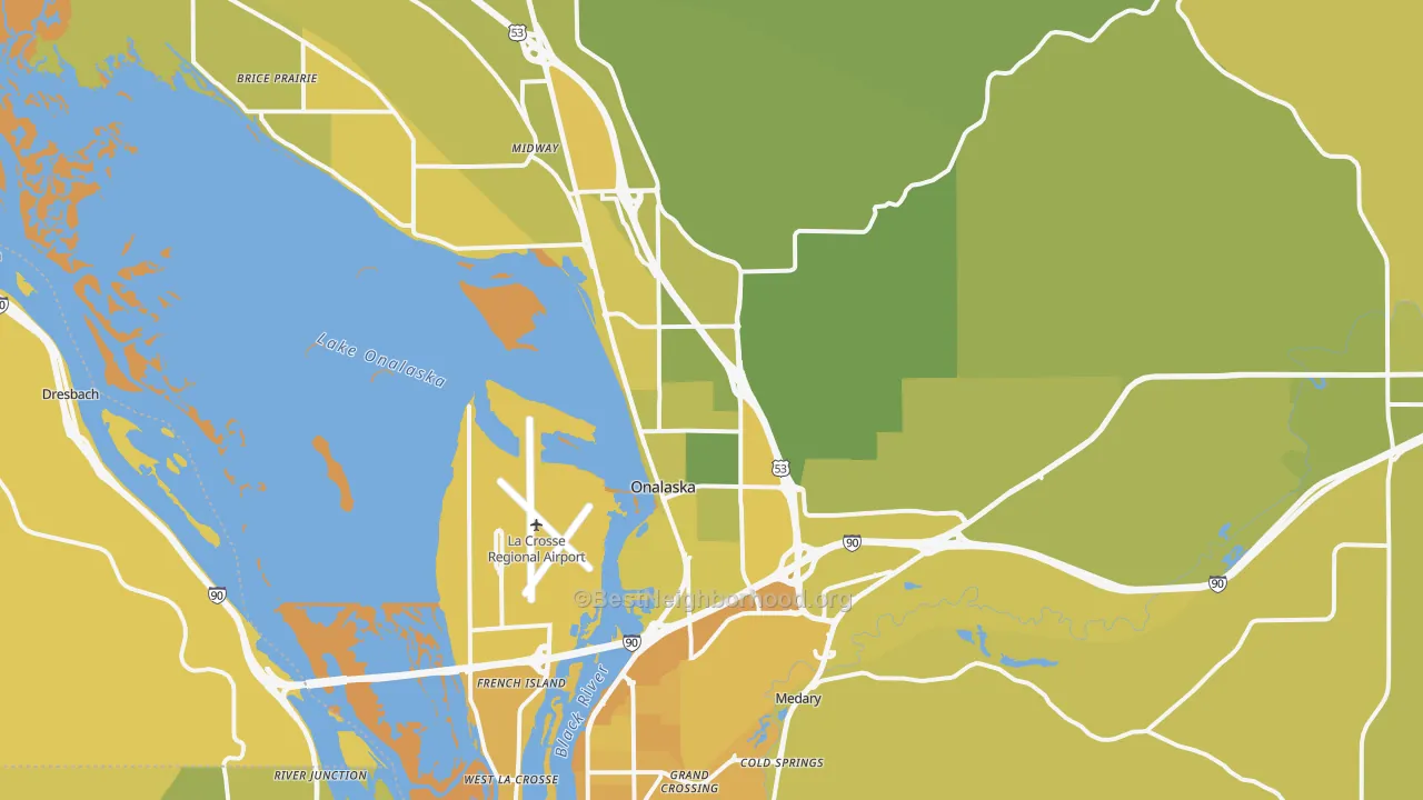 Map of the best neighborhoods in the Onalaska area, with better matches in green and worse matches in red