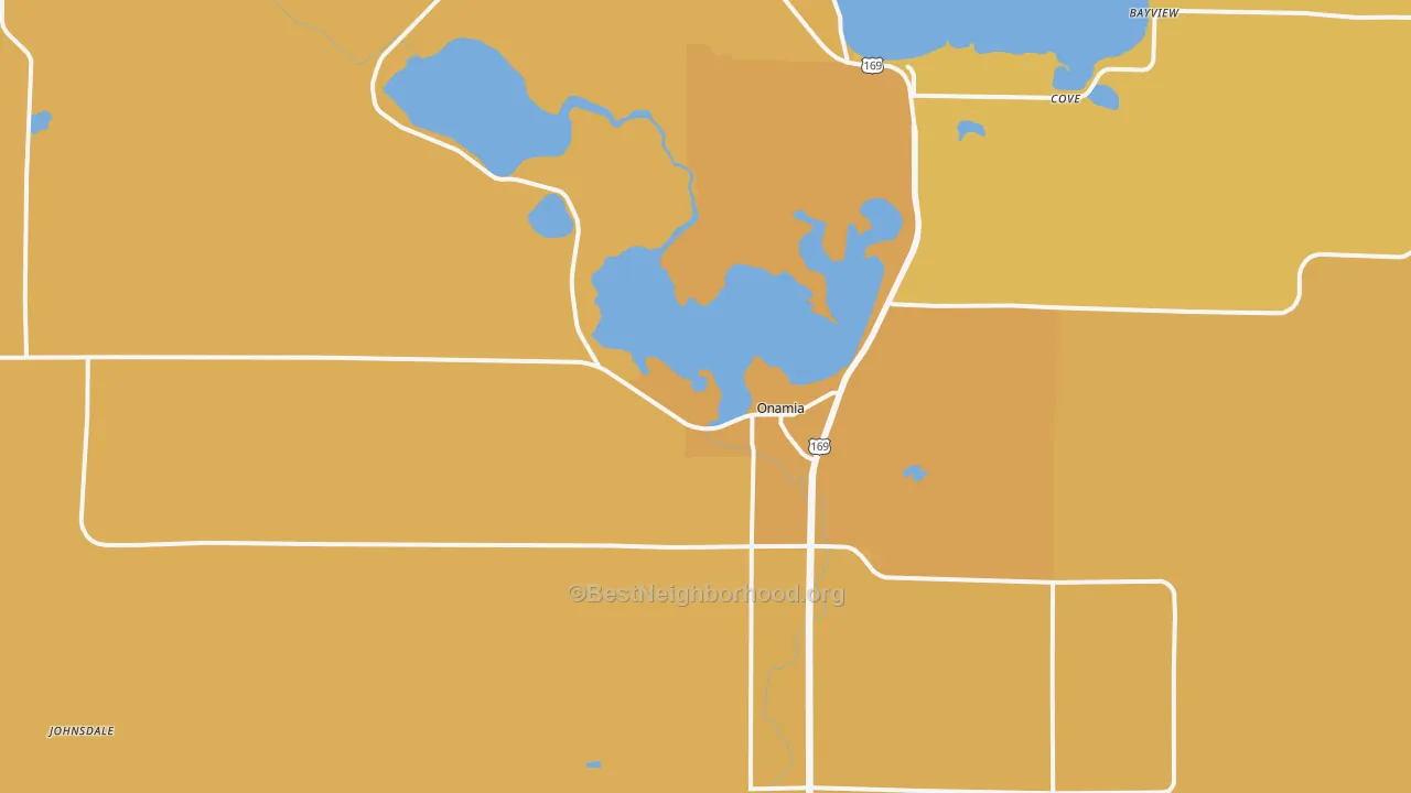 Map of the best neighborhoods in the Onamia area, with better matches in green and worse matches in red
