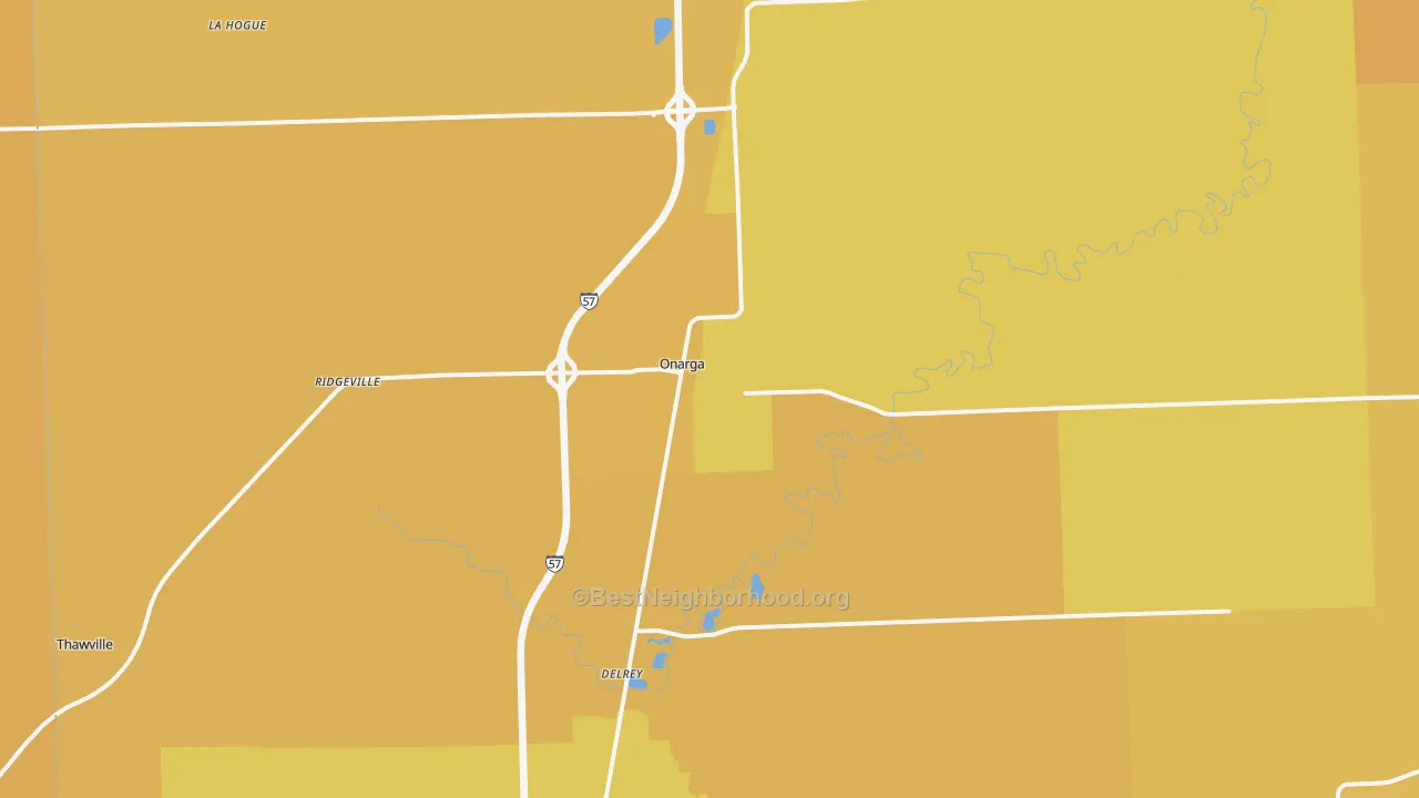 Map of the best neighborhoods in the Onarga area, with better matches in green and worse matches in red