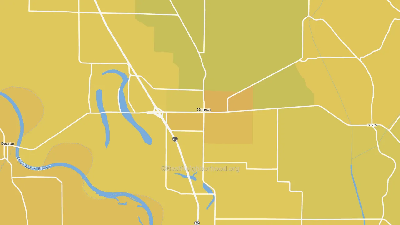 Map of the best neighborhoods in the Onawa area, with better matches in green and worse matches in red