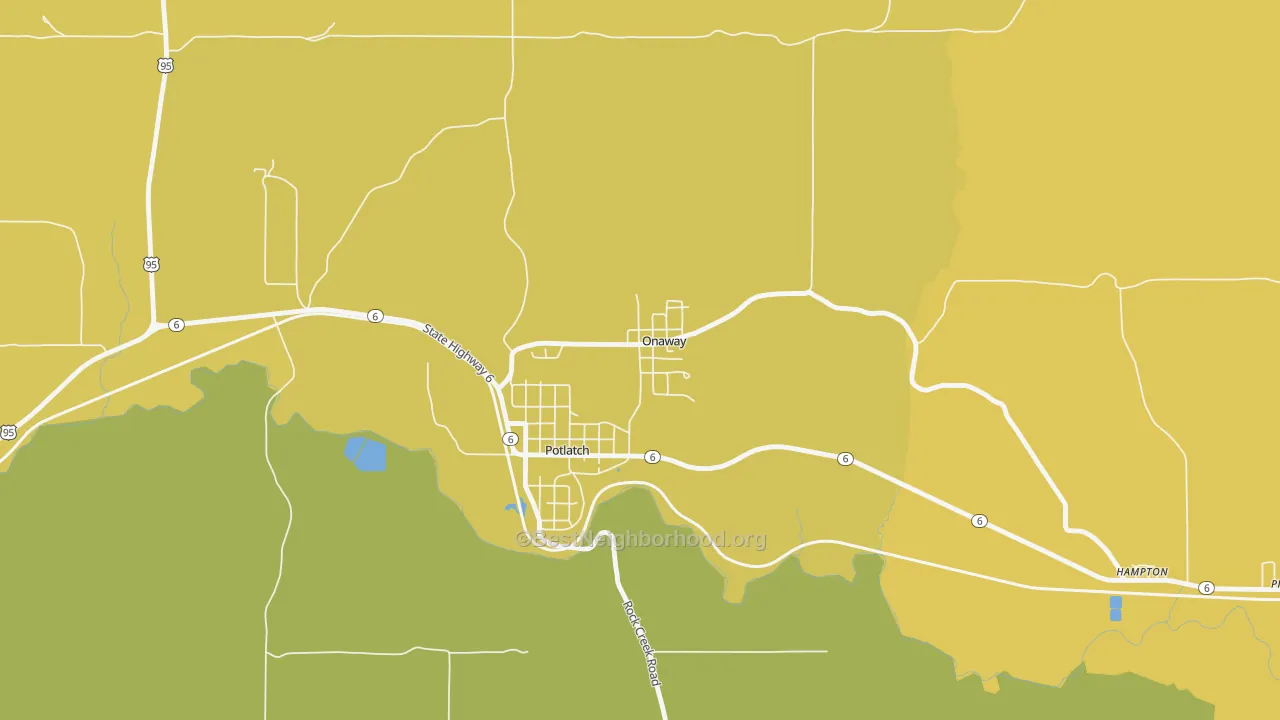 Map of the best neighborhoods in the Onaway area, with better matches in green and worse matches in red