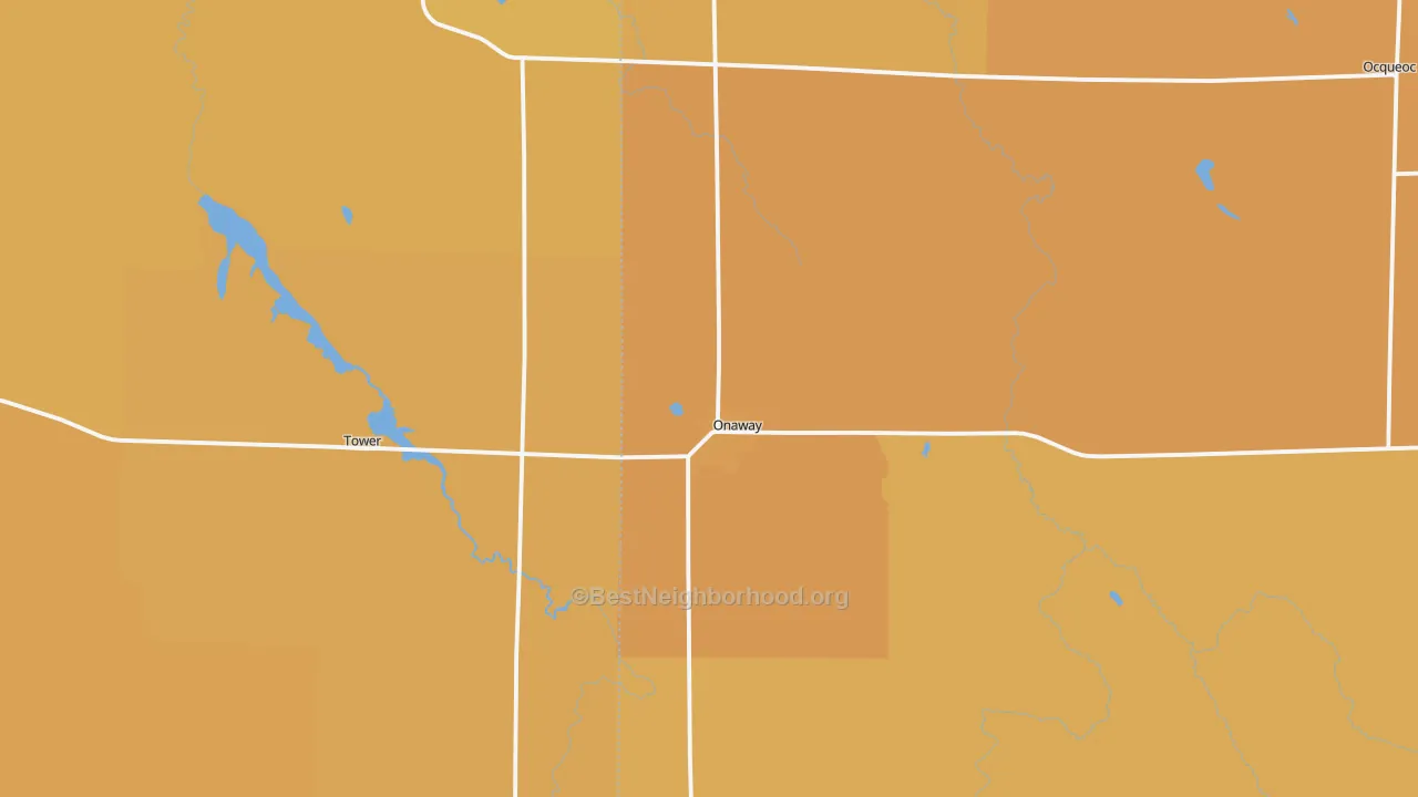Map of the best neighborhoods in the Onaway area, with better matches in green and worse matches in red