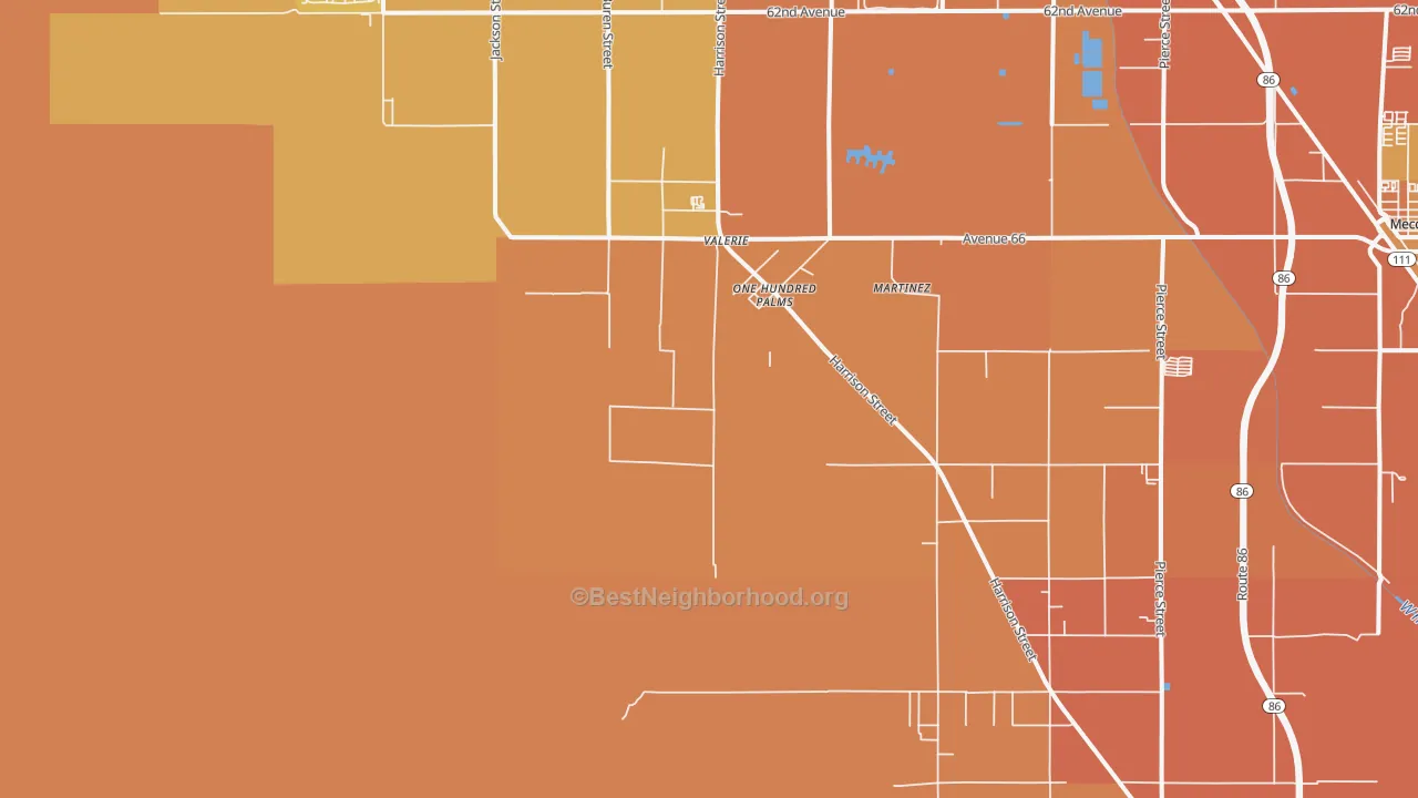Map of the best neighborhoods in the One Hundred Palms area, with better matches in green and worse matches in red