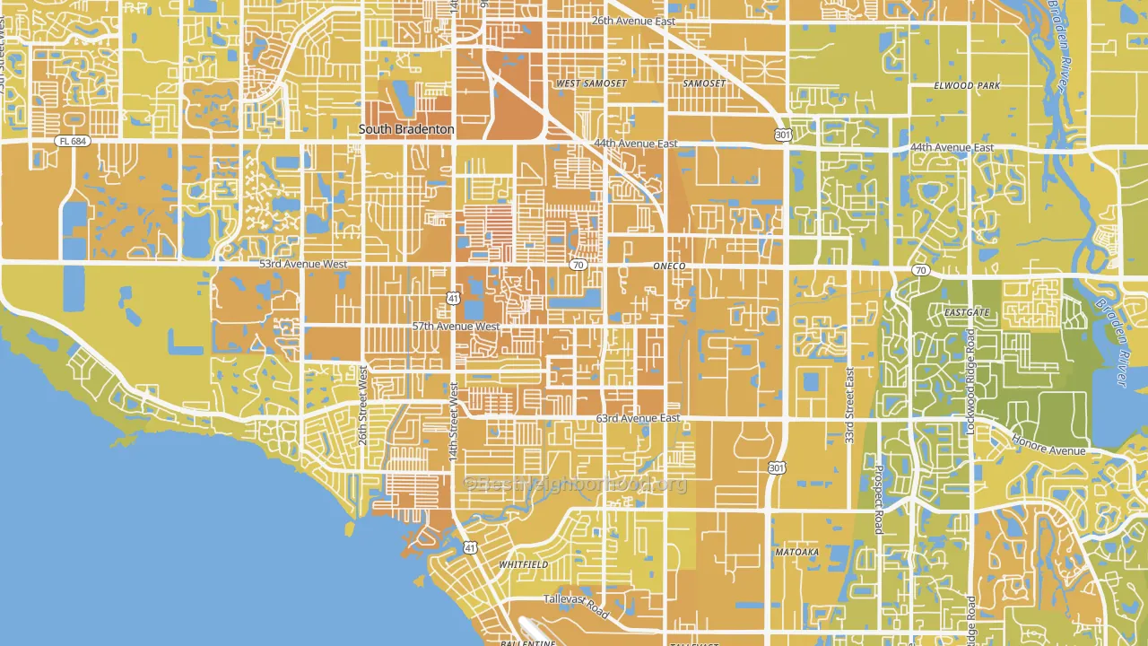 Map of the best neighborhoods in the Oneco, Bradenton area, with better matches in green and worse matches in red