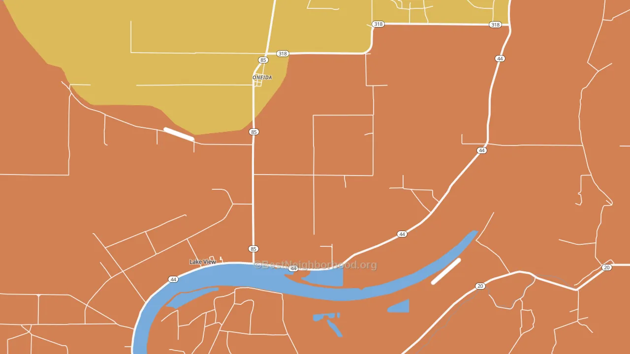 Map of the best neighborhoods in the Oneida area, with better matches in green and worse matches in red